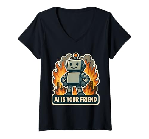 Damen AI is Your Friend Lustiger Anti Künstliche Intelligenz Sarkasmus T-Shirt mit V-Ausschnitt von AI Is Your Friend Funny Sarcastic Products