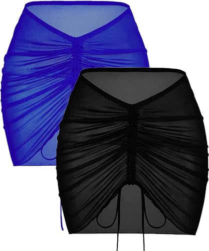 AI'MAGE 2 Stück Damen Strand Wrap Sarong Vertuschung Badeanzug Kurz Bikini Cover up Sexy Strand Wickelrock Sarong Pareo, Schwarz und Blau, M von AI'MAGE