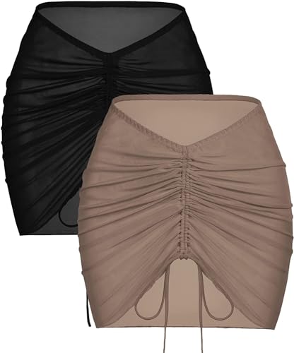 AI'MAGE 2 Stück Strand Wrap Sarong Vertuschung Badeanzug Wickelröcke Rock Strandtuch Kurz Bikini Cover up Wickeltuch Strandkleid Sexy, Schwarz und Braun, M von AI'MAGE