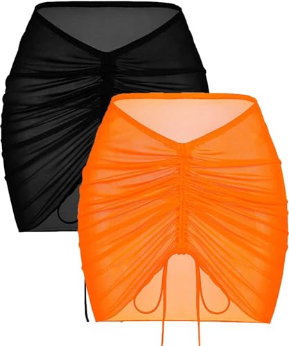 AI'MAGE 2 Stück Strand Wrap Sarong Vertuschung Badeanzug Wickelröcke Rock Strandtuch Kurz Bikini Cover up Wickeltuch Strandkleid Sexy, Schwarz und Orange, S von AI'MAGE