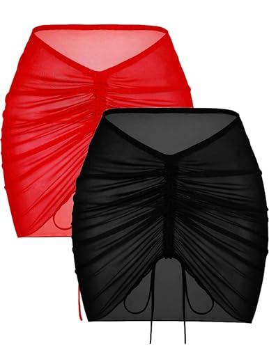 AI'MAGE 2 Stück Strand Wrap Sarong Vertuschung Badeanzug Wickelröcke Rock Strandtuch Kurz Bikini Cover up Wickeltuch Strandkleid Sexy, Schwarz und Rot, L von AI'MAGE