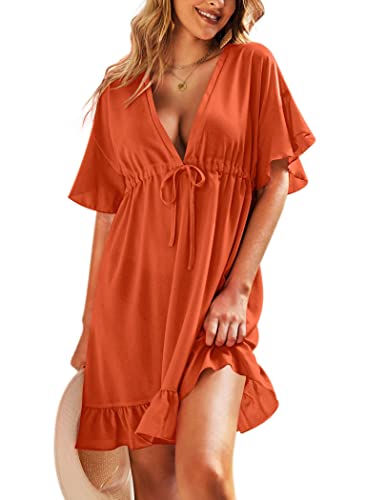 AI'MAGE Badeanzug Cover Ups Damen Badeanzug V Ausschnitt Rüschen Ärmel Sexy Coverups Kleid S-XXL, Orange/Rot, Medium von AI'MAGE