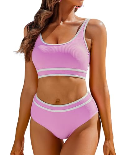 AI'MAGE Badeanzug Damen Bauchweg Bikini Set High Waist Sport Bikini-Sets Bademode Push Up Sportlich, Rosa L von AI'MAGE