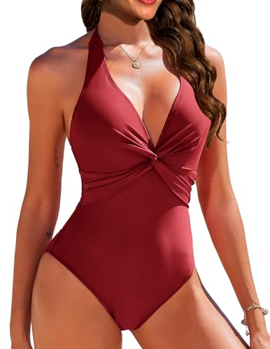 AI'MAGE Badeanzug Damen Bauchweg Neckholder Einteiliger Badeanzüge V-Ausschnitt Bademode, Weinrot, L von AI'MAGE