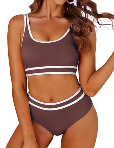 AI'MAGE Badeanzug Damen Sport Bauchweg Bikini Set High Waist Bikini-Sets Bademode Push Up Sportlich, Bordeaux XS von AI'MAGE