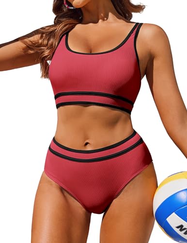 AI'MAGE Badeanzug Damen Sport Bauchweg Bikini Set High Waist Bikini-Sets Bademode Push Up Sportlich, Rot S von AI'MAGE