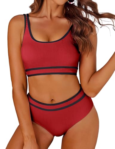 AI'MAGE Badeanzug Damen Sport Bauchweg Bikini Set High Waist Bikini-Sets Bademode Push Up Sportlich, Rot XL von AI'MAGE