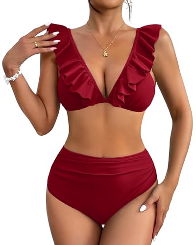AI'MAGE Badeanzug Zweiteilig Damen mit Rüschen Bademode Sommer Strand Outfit Swimsuit Bikini Set Rot XXL von AI'MAGE