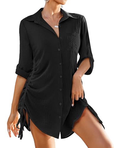 AI'MAGE Badeanzug für Damen, Button-Down-Bikini, Badeanzug, Kordelzug, Strandkleid, Hemd, S-3XL, Schwarz, Medium von AI'MAGE