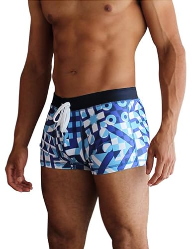 AI'MAGE Badehose Herren Kurz Badeshorts mit Tunnelzug Schwimmhose, Pat1-blau geometrisch S von AI'MAGE