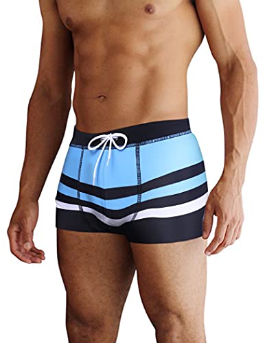 AI'MAGE Badehose Herren Kurz Badeshorts mit Tunnelzug Schwimmhose, Pat7-blau schwarz Streifen L von AI'MAGE