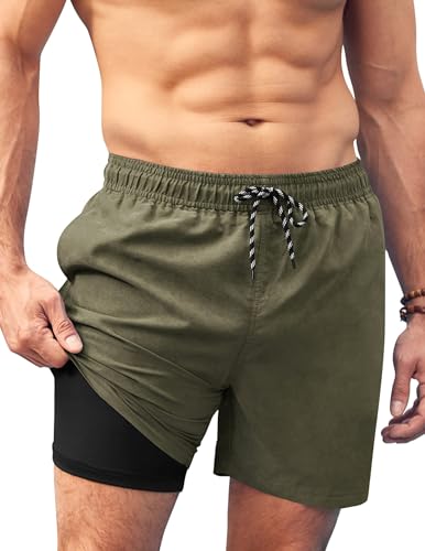 AI'MAGE Badehose für Herren mit Kompression Liner 2 in 1 Badeshorts Männer Elastisch Trainingsshorts Tunnelzug mit Taschen Grün L von AI'MAGE