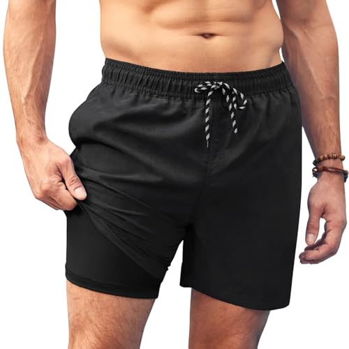 AI'MAGE Badehose für Herren mit Kompression Liner 2 in 1 Badeshorts Männer Elastisch Trainingsshorts Tunnelzug mit Taschen schwarz L von AI'MAGE