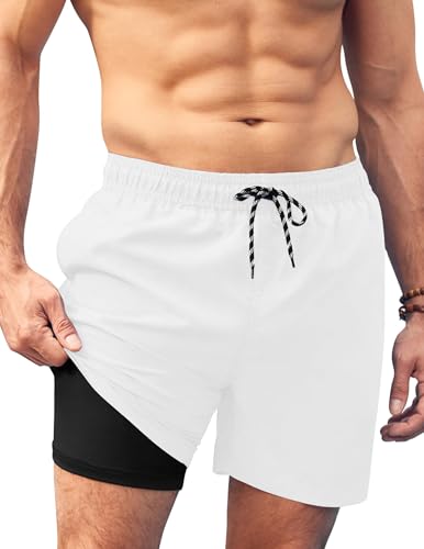 AI'MAGE Badehose für Herren mit Kompression Liner 2 in 1 Badeshorts Männer Elastisch Trainingsshorts Tunnelzug mit Taschen weiß L von AI'MAGE