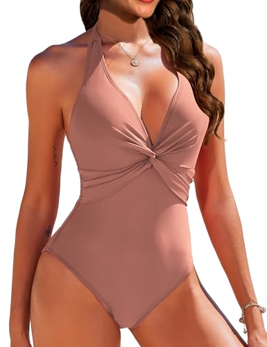 AI'MAGE Badeanzug Damen Bauchweg Neckholder Einteiliger Badeanzüge V-Ausschnitt Bademode, Blush, L von AI'MAGE