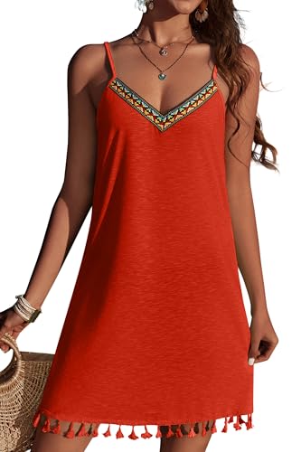 AI'MAGE Strandkleid Damen Luftig Sommer Kurz Bequem Bikini Cover Up mit Quaste über Verstellbare Spaghettiträger Strandponcho Badeanzug Strand Rot XXL von AI'MAGE