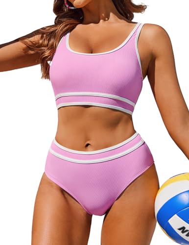 AI'MAGE Bikini Damen Bauchweg Wickeloptik Bikini Set High Waist Bademode Push Up Badeanzug Sportlich, Rosa XXL von AI'MAGE