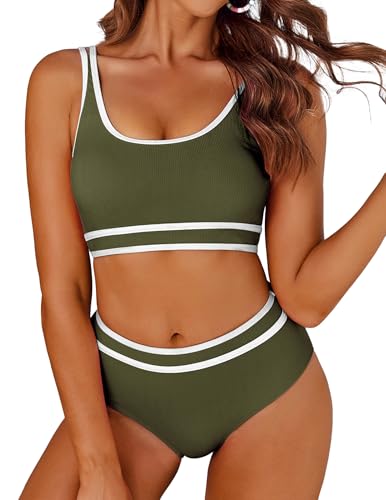 AI'MAGE Bikini Damen Set Badeanzug Bauchweg Sport Bikini-Sets High Waist Bademode Push Up Gerippt, Olivgrün XXL von AI'MAGE