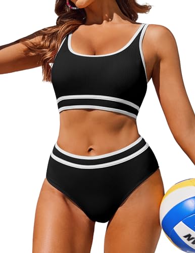 AI'MAGE Bikini Damen Set Badeanzug Bauchweg Sport Bikini-Sets High Waist Bademode Push Up Gerippt, Schwarz M von AI'MAGE