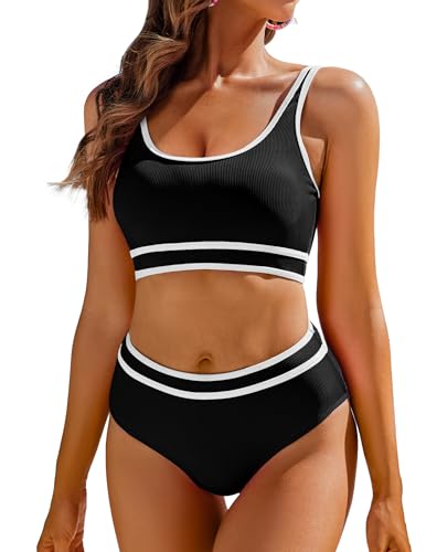 AI'MAGE Bikini Damen Set Badeanzug Bauchweg Sport Bikini-Sets High Waist Bademode Push Up Gerippt, Schwarz XS von AI'MAGE