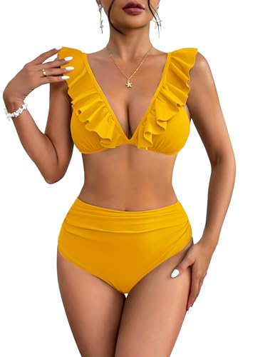 AI'MAGE Bikini Set Damen Hohe Taille 2er Pack Badeanzug Sexy Urlaub Push Up Swimwear Sommer Gelb XL von AI'MAGE
