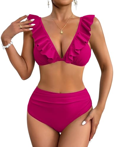 AI'MAGE Bikini Set Damen Hohe Taille 2er Pack Badeanzug Sexy Urlaub Push Up Swimwear Sommer Rosa XL von AI'MAGE