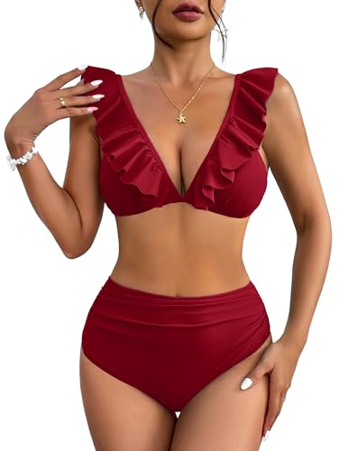 AI'MAGE Bikini Set Damen Hohe Taille 2er Pack Badeanzug Sexy Urlaub Push Up Swimwear Sommer Rot XL von AI'MAGE