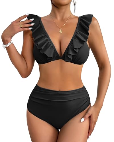 AI'MAGE Bikini Set Damen Hohe Taille 2er Pack Badeanzug Sexy Urlaub Push Up Swimwear Sommer Schwarz XL von AI'MAGE
