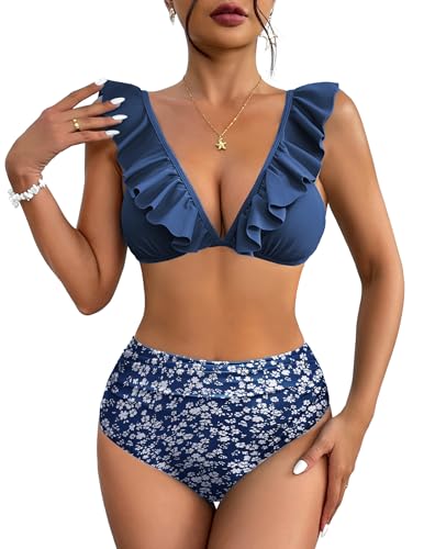 AI'MAGE Bikini Set Damen hohe Taille 2er Pack Badeanzug Sexy Urlaub Push Up Swimwear Navy Blau XL von AI'MAGE