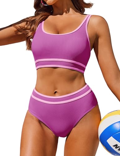 AI'MAGE Bikinis für Damen Bauch Weg Bikini Sets Sportlich Push Up Wickeloptik Badeanzug Sexy Bademode Zweiteiliger, Rose Rot L von AI'MAGE