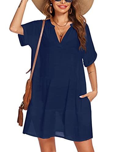 AI'MAGE Damen Badeanzug Coverups Bikini Strand Bademode Cover Up Sexy Badeanzug Cover Up Kleid mit Taschen, A_Navy blau, Medium von AI'MAGE