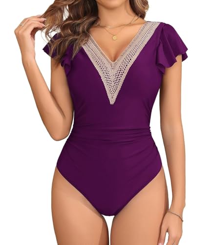 AI'MAGE Damen Badeanzug mit Rüschen Spitze Bauchweg Swimsuit Einteiliger V Ausschnitt Bademode Aubergine Violett S von AI'MAGE