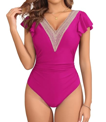 AI'MAGE Damen Badeanzug mit Rüschen Spitze Bauchweg Swimsuit Einteiliger V Ausschnitt Bademode Rosenrot S von AI'MAGE