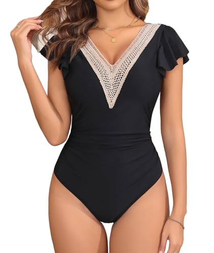 AI'MAGE Damen Badeanzug mit Rüschen Spitze Bauchweg Swimsuit Einteiliger V Ausschnitt Bademode Schwarz S von AI'MAGE