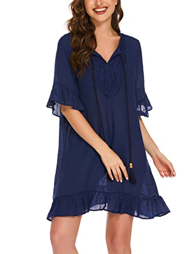 AI'MAGE Strandkleid Damen Sexy Bikini Cover Up Sommer Bademode Strand Shirt Leicht Strandtunika Damen Navyblau S von AI'MAGE