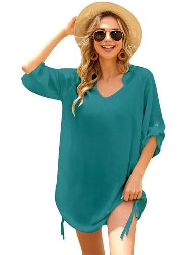 AI'MAGE Damen Bikini Cover Up Strandkleid Sommerkleid Strandkleid Damen Shirt Strandponcho 3/4 Ärmel Grün L von AI'MAGE