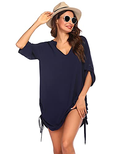 AI'MAGE Damen Bikini Cover Up Strandkleid Sommerkleid Strandkleid Damen Shirt Strandponcho 3/4 Ärmel Marine blau L von AI'MAGE