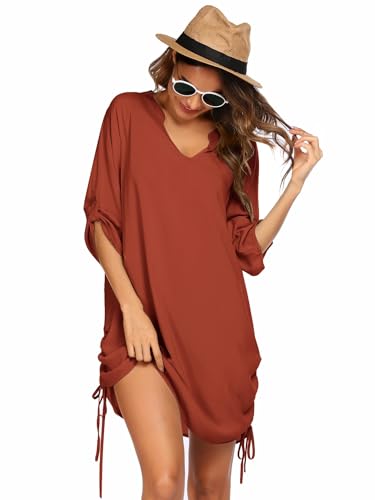 AI'MAGE Damen Bikini Cover Up Strandkleid Sommerkleid Strandkleid Damen Shirt Strandponcho 3/4 Ärmel Ziegelrot L von AI'MAGE