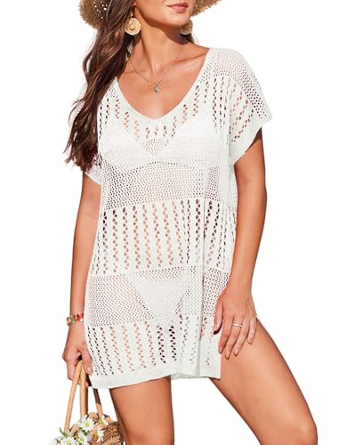AI'MAGE Damen Bikini Cover Up Strandkleid V Ausschnitt Kurzarm Gehäkeltes Strandkleid Badeanzug Weiß XXL von AI'MAGE