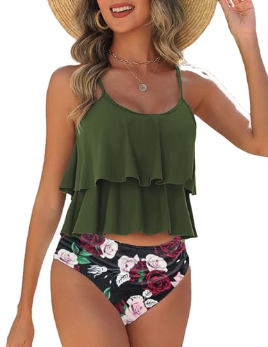 AI'MAGE Damen Bikini Set Bikini Bikini Damen Set Push Up Bademode V Ausschnitt Blumenmuster Zweiteiliger Badeanzug Swimsuit Bademode armeegrün M von AI'MAGE