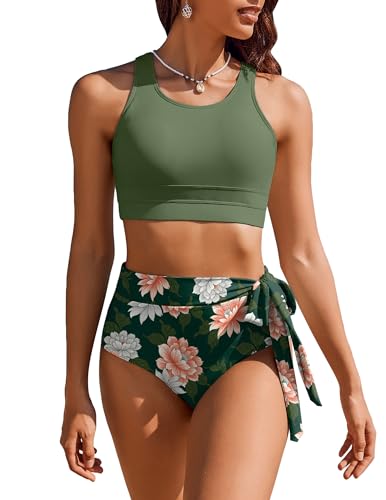 AI'MAGE Damen Bikini Set High Waisted Bademode Bauchkontrolle Blumenmuster Zweiteiliger Badeanzug Swimsuit Große Brüste Oberteil, Armeegrün, L von AI'MAGE