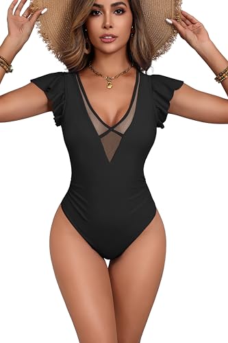 AI'MAGE Damen Einteiliger Badeanzug V Ausschnitt Bademode Schwimmanzug Bauchweg Push Up Swimsuit High Waist, Schwarz, L von AI'MAGE