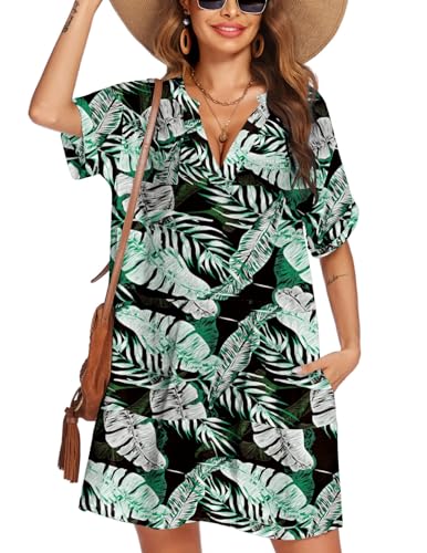 AI'MAGE Damen Kurz Strandkleider Sommer Kurzarm Hemdkleid Pareo Bikini Cover Ups für Urlaub und Strand, Hawaiianische Grün Schwarz, XL von AI'MAGE
