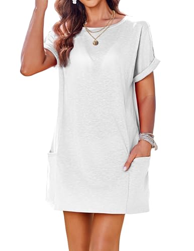 AI'MAGE Strandkleid Damen Shirtkleid Luftig Strandshirt Loose Sommer Bikini Cover Up mit Taschen Beach Dress Strandponcho Weiß L von AI'MAGE