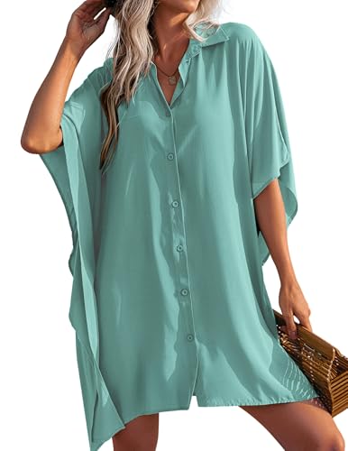 AI'MAGE Damen Strandkleid Bikini Cover Up Dolman Ärmel Strandponcho Sommer V-Ausschnitt Bademode Strand Vertuschen Shirt Grün S von AI'MAGE
