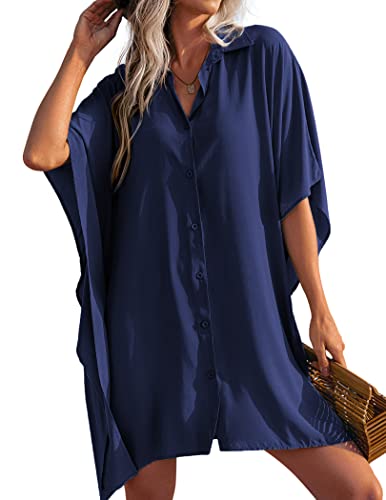 AI'MAGE Damen Strandkleid Bikini Cover Up Strickjacke Damen Sommer Cardigan Longbluse Strandbluse Strand Vertuschen Shirt Marineblau M von AI'MAGE