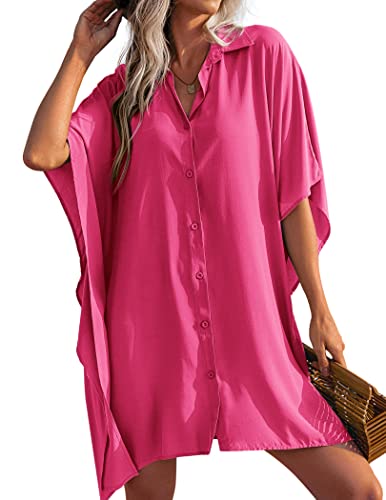 AI'MAGE Damen Strandkleid Bikini Cover Up Dolman Ärmel Strandponcho Sommer V-Ausschnitt Bademode Strand Vertuschen Shirt Rosarot L von AI'MAGE