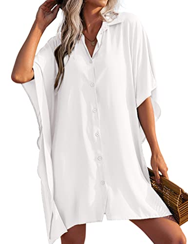 AI'MAGE Damen Strandkleid Bikini Cover Up Dolman Ärmel Strandponcho Sommer V-Ausschnitt Bademode Strand Vertuschen Shirt Weiß L von AI'MAGE