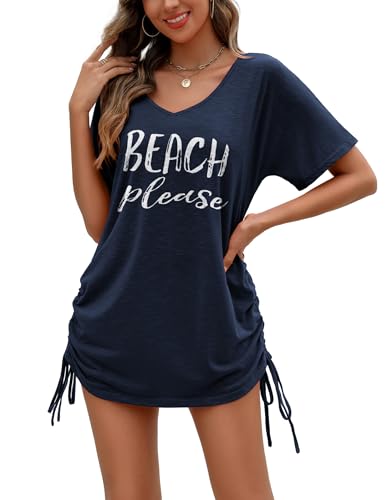 AI'MAGE Damen Strandkleid Bikini Cover Up Sommer Badeanzug Strandtunika Strandponcho Sommerkleider Bademode V-Ausschnitt Strand Lose Vertuschen Shirt mit Drucken,Marineblau,L von AI'MAGE