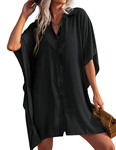AI'MAGE Damen Strandkleid Bikini Cover Up Strandbluse Sommer V-Ausschnitt Bademode Strand Vertuschen Shirt Schwarz L von AI'MAGE